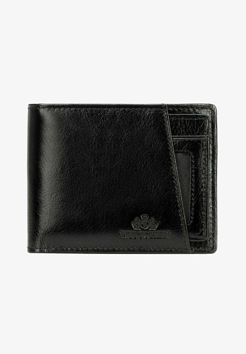 Schwarze Lederbrieftasche mit strukturierter Oberflächenbeschaffenheit, ausgestattet mit mehreren Kartenfächern und einem Frontfach. Prägung des Logos in der unteren Ecke.