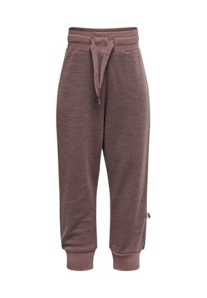 Brunaktig mauve stickade joggerbyxor med ribbad mudd, elastisk midja och dragsko, visade mot en vit bakgrund.