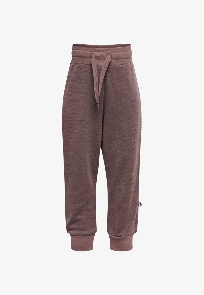 Brownish mauve knit jogger pants with ribbed cuffs, elastic waistband, and drawstring tie, shown on a white background.