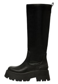 Black knee-high boot made from faux leather, featuring a thick platform sole, rounded toe, and pull tab at the top for easy wear.