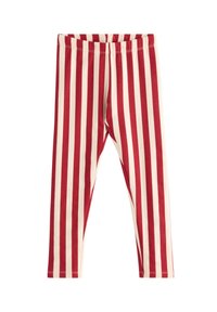 Røde og elfenbensfarvede stribede leggings lavet af blødt bomuld, med en strækbar talje og tætsiddende design med lodrette striber.