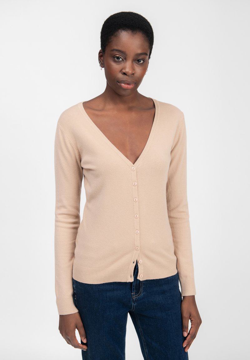 Beige langer Cardigan mit V-Ausschnitt, mit Knopfleiste und gerippten Bündchen und Saum. Glatte Textur, lässige Passform.