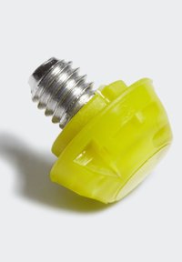 Manopola di plastica gialla con superficie texturizzata e asta filettata metallica, progettata per un fissaggio sicuro. Base circolare con dettagli a rilievo.