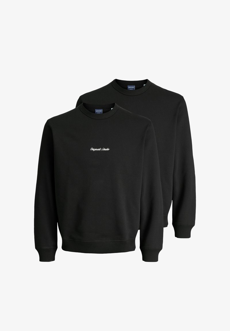 Black sweatshirts made of cotton blend, featuring long sleeves, crew neck, ribbed cuffs, and small white embroidery on the front.