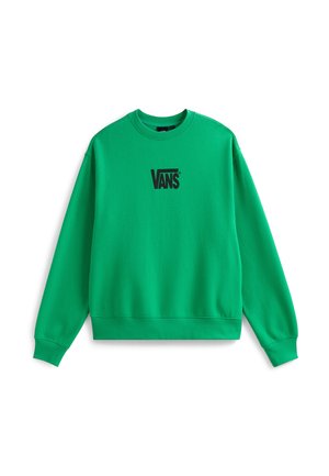 Sudadera verde de algodón, con cuello redondo, mangas largas y el logo negro de "VANS" en el pecho. Textura suave, corte relajado.