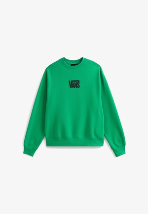 Sudadera verde de algodón, con cuello redondo, mangas largas y el logo negro de "VANS" en el pecho. Textura suave, corte relajado.