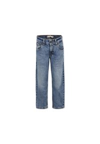 Jeans de denim azul claro con un ajuste holgado, diseño de cinco bolsillos y detalles de costura visibles. La tela tiene una textura de lavado a la piedra.