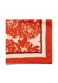 Silk tørklæde med et abstrakt blomsterdesign i orange og creme, indrammet af en mørkebrun kant. Blød tekstur med draperingsdesign.