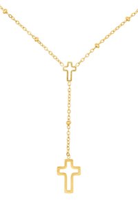 Halskette in Goldton mit zwei hohlen Kreuzanhängern an einer Kette mit kleinen runden Perlen, die ein zartes und minimalistisches Design zeigt.
