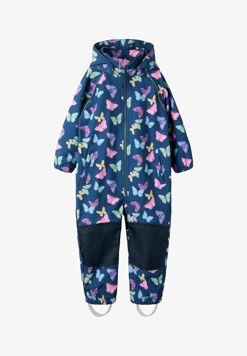 Vanntett barnejumpsuit i marineblå, med et sommerfuglmønster i rosa, grønt og blått. Inkluderer glidelåslukking og elastiske mansjetter.