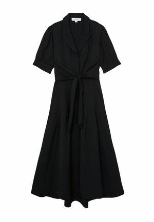 Mustast värvist midi-pikkusega kleit lühikeste pööratud varrukatega, laia krae, eest nööbitav ja vöökohal sõlmitava vööga.