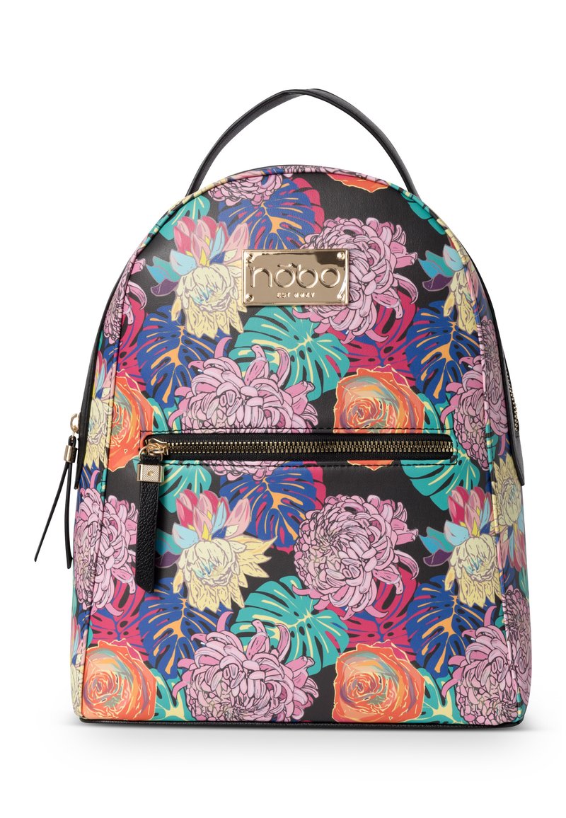 Sac à dos floral avec un extérieur en synthétique noir, des motifs de fleurs colorés, une plaque logo dorée et une poche avant zippée.