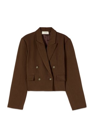 Brun cropped dobbeltradet blazer med hakkede revers, fire dekorative knapper og to forlommer med klap.