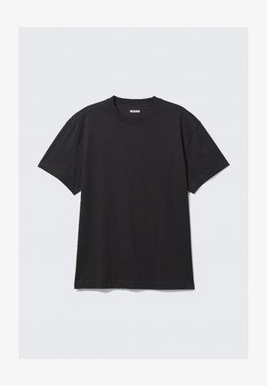 Zwarte korte mouwen T-shirt van katoen. Kenmerkt zich door een ronde halslijn en een ontspannen pasvorm. Eenvoudig ontwerp zonder zichtbare patronen of accenten.