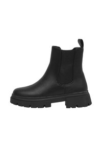 Stivale Chelsea in pelle nera con pannelli elasticizzati ai lati, linguetta sul tallone e suola in gomma spessa, mostrato in vista laterale.