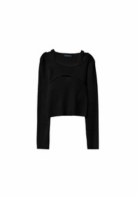 Haut noir court à manches longues avec texture côtelée, encolure large et une découpe distinctive à l'avant. Design simple, sans motifs.