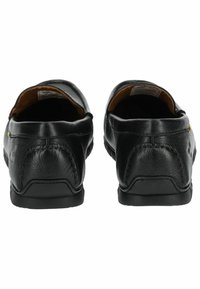 Black leather shoes with a low profile, smooth texture, and minimal stitching detail. The interior features a brown lining and flexible sole.