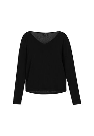 Maglia nera a maniche lunghe con scollatura a V, realizzata in tessuto leggero. Presenta una vestibilità morbida e polsini a costine con un orlo leggermente arrotondato.