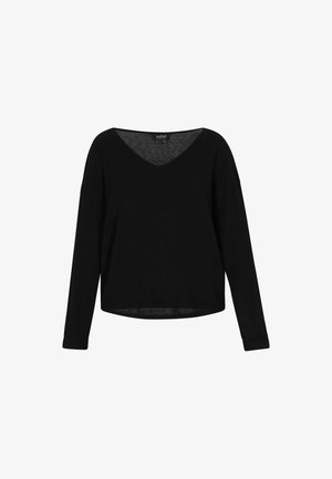 Black long-sleeve top with a V-neck, made of lightweight material. Features relaxed fit and ribbed cuffs with a slightly rounded hem.