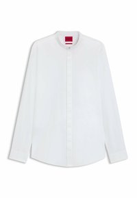 White long-sleeve shirt made of smooth fabric, featuring a stand collar, front button closure, and rounded hem with cuffed sleeves.