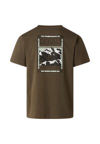 T-shirt marron avec un graphisme au dos représentant des montagnes, le texte "THE NORTH FACE OF DENALI" et des éléments décoratifs.