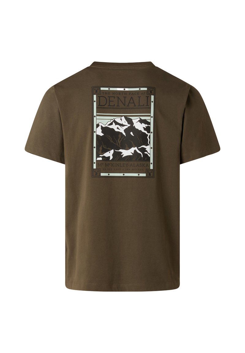 Brown t-shirt featuring a graphic on the back with mountains, text reading "THE NORTH FACE OF DENALI," and decorative elements.