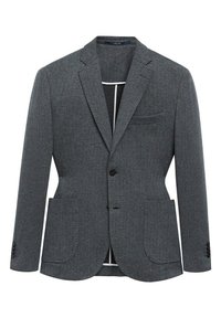 Blazer da uomo grigio a spina di pesce con revers a scollatura, chiusura frontale a due bottoni, polsini a tre bottoni, tasche applicate e taschino sul petto.