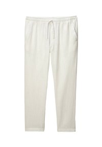 Pantalons beige clair avec cordon de serrage, fabriqués en tissu doux et texturé. Comprend des poches latérales et une coupe décontractée, se resserrant aux chevilles.