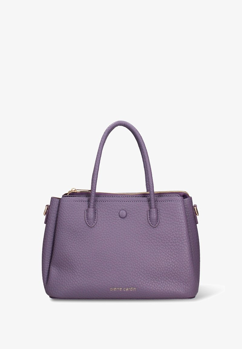 Borsa in pelle viola con effetto grana, doppio manico, chiusura con cerniera, dettagli in oro e una targhetta rotonda rimovibile. Elegante forma rettangolare.