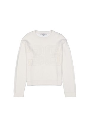 Pull blanc à manches longues avec poignets et ourlet côtelés, doté d’un grand chiffre 36 en relief sur la poitrine.