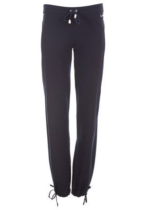 Navy sweatpants with a drawstring waist, elastic cuffs, smooth texture, side pockets, and subtle logo detail on the front.