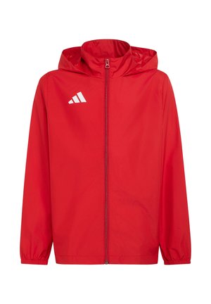 Rød hættetrøje med frontlynlås og hvidt Adidas-logo på venstre bryst, med elastiske manchetter og let stof.
