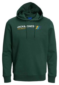 Tmavě zelená mikina s kapucí s nápisem "JACK & JONES ORIGINALS" vpředu a třemi svislými pruhy v žluté, modré a fialové barvě na hrudi.