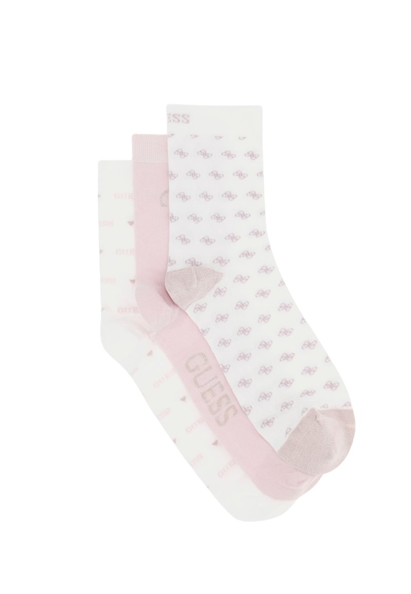 Tre paia di calzini in colori pastello: bianchi con logo e motivi rosa, rosa uni e beige chiaro con tallone rosa. Tessuto morbido ed elastico.
