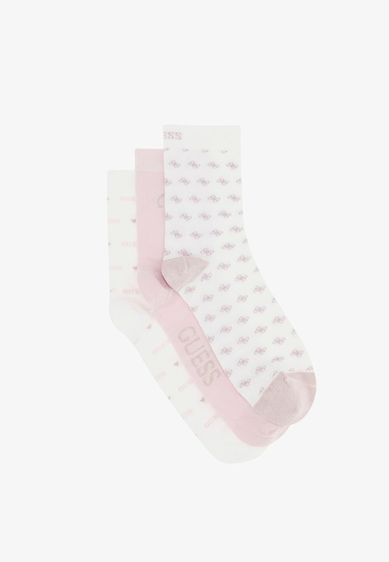 Tre paia di calzini in colori pastello: bianchi con logo e motivi rosa, rosa uni e beige chiaro con tallone rosa. Tessuto morbido ed elastico.