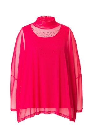 Top rosa transparente con cuello alto, mangas largas y un patrón de puntos en la zona del pecho. Tejido ligero y fluido.