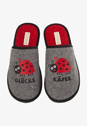 Gray felt slippers with red lining. Features embroidered ladybug design and German text "GLÜCKS" and "KÄFER." Black trim around edges.