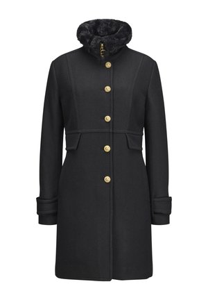 Schwarzer Mantel mittlerer Länge mit goldenen Knöpfen, mit Pelz gefüttertem Stehkragen, aufgesetzten Taschen und langen, mit Manschetten versehenen Ärmeln, taillierte Passform.