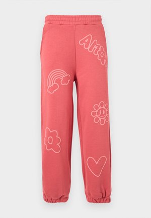 Κοραλλί ροζ φόρμα με ελαστική μέση και μανσέτες, διακοσμημένη με ανοιχτό ροζ περιγράμματα ενός ουράνιου τόξου, λουλουδιών, καρδιάς και της λέξης "Amor".