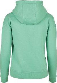 Felpa con cappuccio verde menta, caratterizzata da una texture liscia, polsini e orlo a costine, con tasca a marsupio e un design semplice.