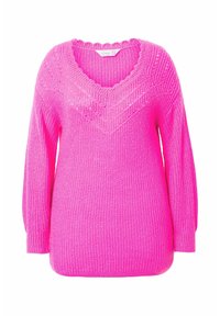 Maglione rosa a V in filo lavorato a maglia con un motivo testurizzato, maniche lunghe e polsini a costine. Vestibilità ampia con una silhouette larga e rilassata.
