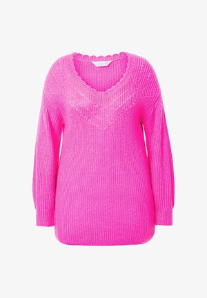 Pull en maille rose à col en V avec un motif texturé, manches longues et poignets côtelés. Coupe ample avec une silhouette large et décontractée.