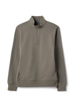 Pull-over taupe à manches longues avec demi-fermeture éclair à l'avant, col montant, poignets et ourlet côtelés, posé à plat sur fond blanc.