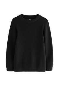 Schwarzer Strickpullover mit Rundhalsausschnitt, gerippten Details an den Schultern und geradem Schnitt. Weiche Textur und lange Ärmel.
