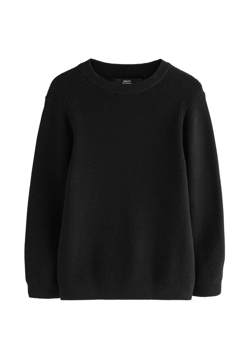 Schwarzer Strickpullover mit Rundhalsausschnitt, gerippten Details an den Schultern und geradem Schnitt. Weiche Textur und lange Ärmel.
