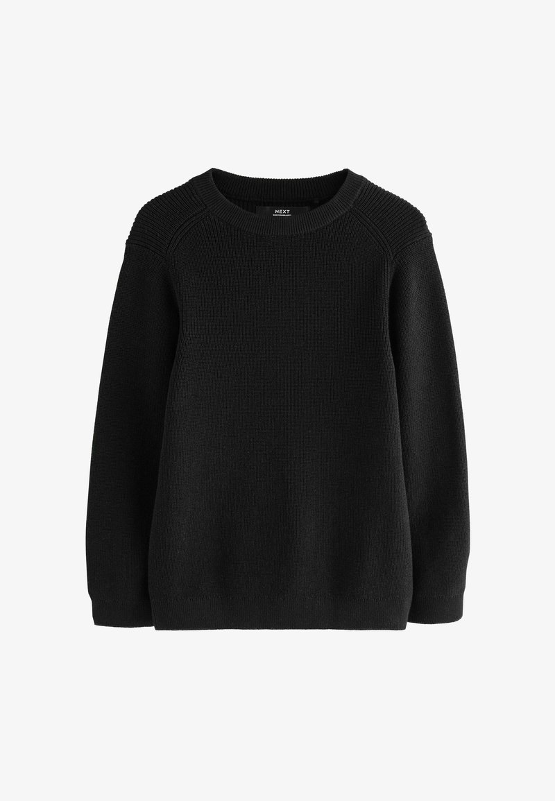 Maglione nero lavorato a maglia con scollo tondo, maniche lunghe e polsini e orlo a coste, mostrato su sfondo bianco.