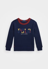 Marineblaues Sweatshirt mit rotem Rundhalsausschnitt. Verfügt über das mehrfarbige "POLO"-Logo und den Text "RALPH LAUREN". Lange Ärmel mit engen Bündchen und Saum.