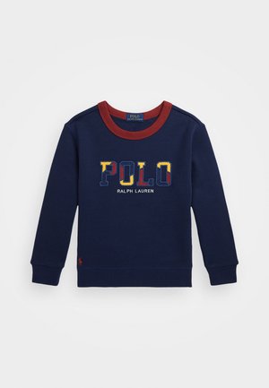 Sweatshirt bleu marine avec col rond rouge. Présente un logo "POLO" multicolore et le texte "RALPH LAUREN". Manches longues avec poignets ajustés et ourlet.