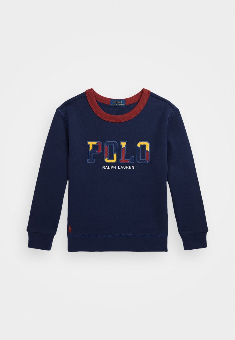 Marineblaues Sweatshirt mit rotem Rundhalsausschnitt. Verfügt über das mehrfarbige "POLO"-Logo und den Text "RALPH LAUREN". Lange Ärmel mit engen Bündchen und Saum.
