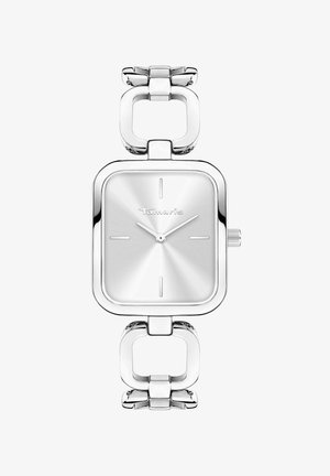 Zilveren rechthoekig horloge met een geborstelde metaaldial, vier markeringen en een schakelen armband met opvallende vierkante schakels.